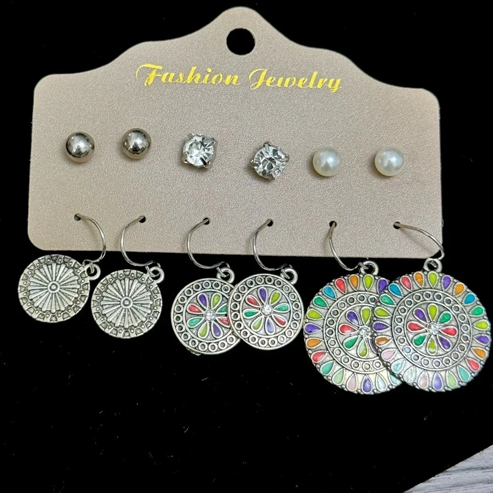 6 Pair Earring Set|Studs+Crystal+Pearl+Rainbow Drop Bundle - Picture 2 of 5
